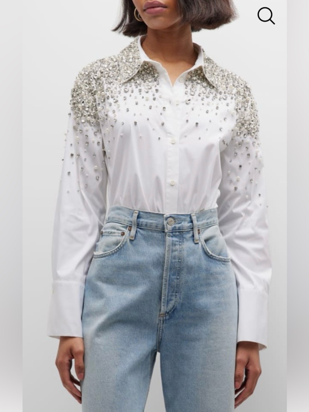 Alice + Olivia White Button-Up Shirt with Silver Crystal Embellishment